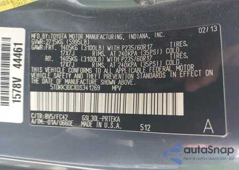 2013 Toyota Sienna Le V6 8 Passenger из США, поврежденный, VIN 5TDKK3DCXDS341269